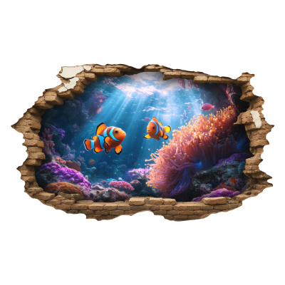 Buntes Wandtattoo  Wandriss mit zwei Clownfischen mit Anemone 
