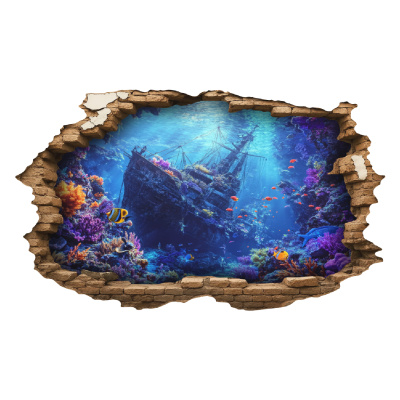 Buntes Wandtattoo  Wandriss mit Schiffswrack und Korallen Riff 