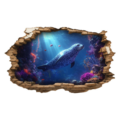 Buntes Wandtattoo  Wandriss mit Unterwasserwelt und Robbe 