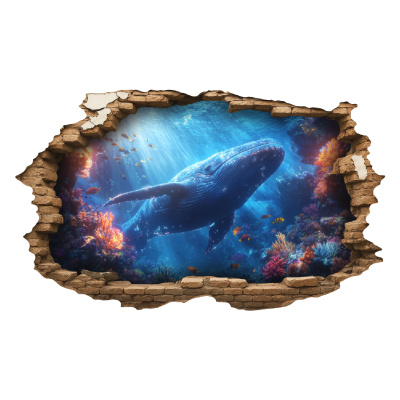 Buntes Wandtattoo  Wandriss mit Unterwasserwelt mit Blauwal 