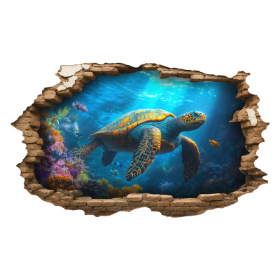 Buntes Wandtattoo  Wandriss mit Korallenriff mit Schildkrte 