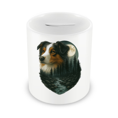 Spardose mit dem Motiv Australian Shepherd im Mondlicht