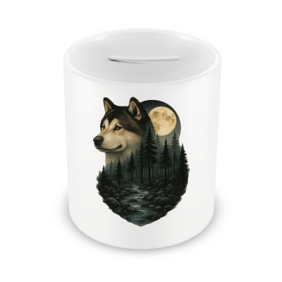 Spardose mit dem Motiv Akita im Mondlicht