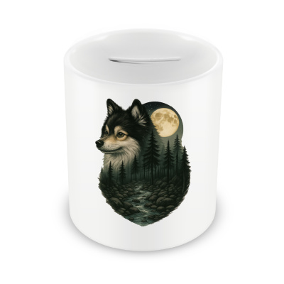 Spardose mit dem Motiv Deutscher Spitz im Mondlicht