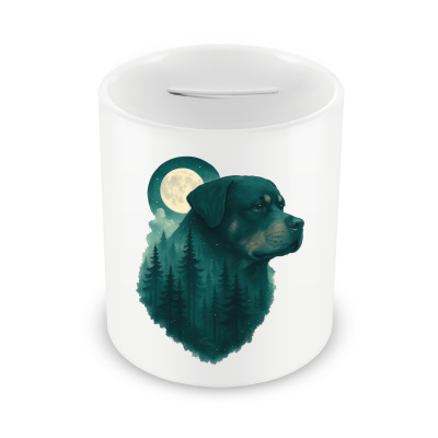 Spardose mit dem Motiv Rottweiler im Mondwald