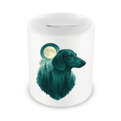 Spardose mit dem Motiv Dackel im Mondwald