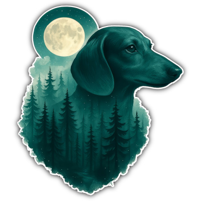 Dackel im Mondwald Aufkleber Bunt