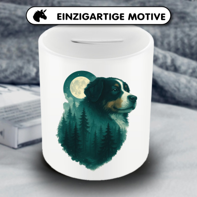 Spardose mit dem Motiv Berner Sennenhund im Mondwald - Ansicht 3