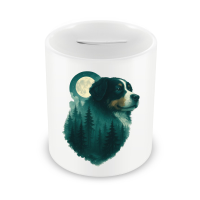 Spardose mit dem Motiv Berner Sennenhund im Mondwald