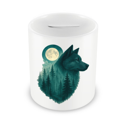 Spardose mit dem Motiv Akita im Mondwald