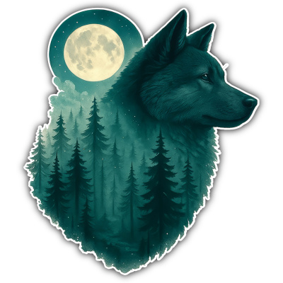 Akita im Mondwald Aufkleber Bunt