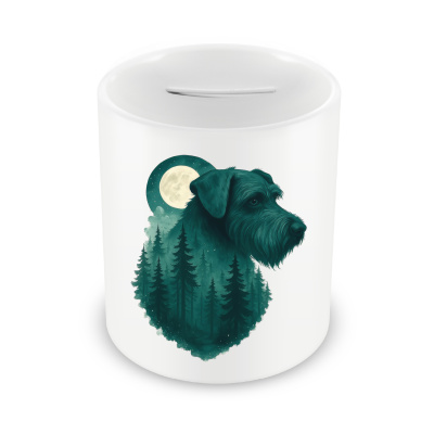 Spardose mit dem Motiv Riesenschnauzer im Mondwald