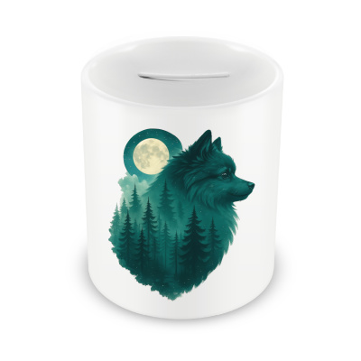 Spardose mit dem Motiv Deutscher Spitz im Mondwald