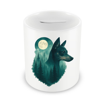 Spardose mit dem Motiv Zwergpinscher im Mondwald