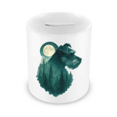 Spardose mit dem Motiv Zwergschnauzer im Mondwald