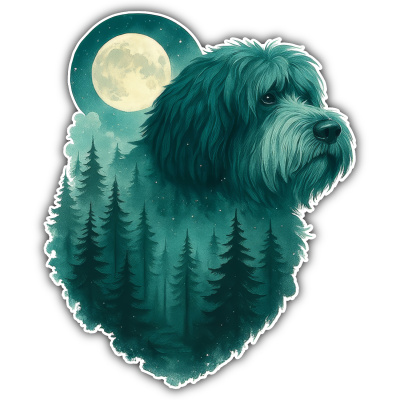 Tibet Terrier im Mondwald Aufkleber Bunt