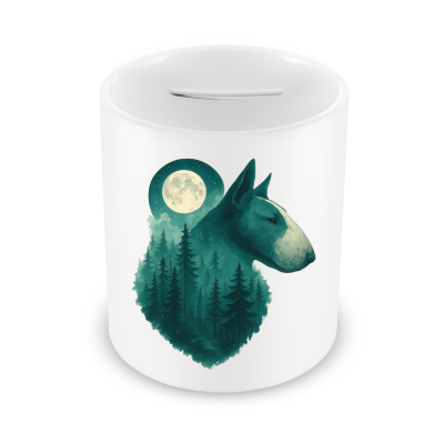 Spardose mit dem Motiv Bullterrier im Mondwald