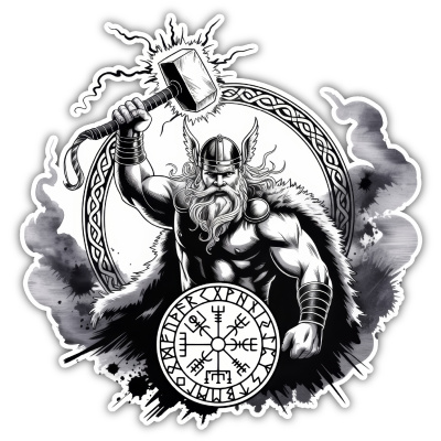 Buntes Wandtattoo  Thor mit Hammer Mjlnir 