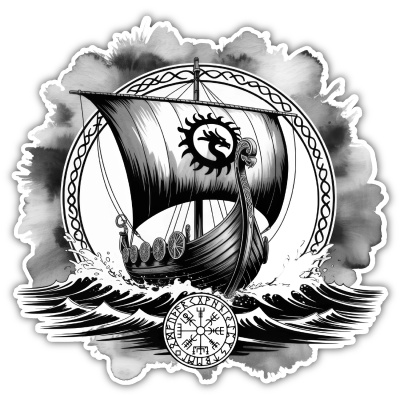 Buntes Wandtattoo  Wikinger Langschiff 