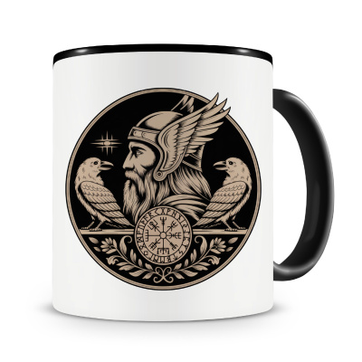 Tasse mit dem Motiv Odin mit Huginn und Muninn Sepia