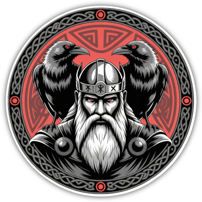 Odin mit Huginn und Muninn Rot Aufkleber