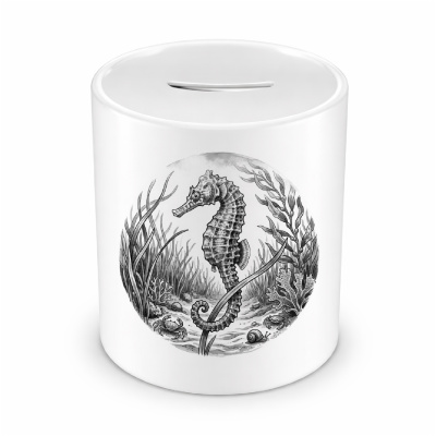 Spardose mit dem Motiv Seepferdchen in der Wildnis