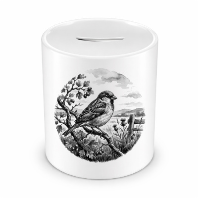 Spardose mit dem Motiv Spatz in der Wildnis