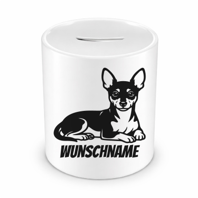Spardose mit dem Motiv Zwergpinscher mit Name