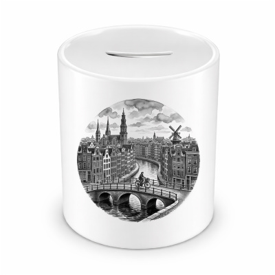 Spardose mit dem Motiv Stilisierte Amsterdam Skyline