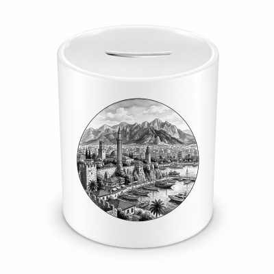 Spardose mit dem Motiv Stilisierte Antalya Skyline