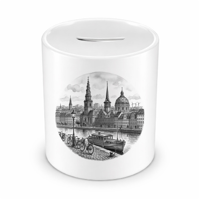 Spardose mit dem Motiv Stilisierte Kopenhagen Skyline