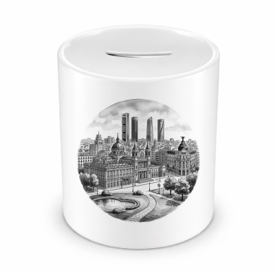 Spardose mit dem Motiv Stilisierte Madrid Skyline