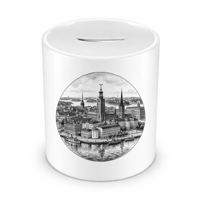 Spardose mit dem Motiv Stilisierte Stockholm Skyline