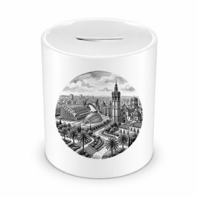 Spardose mit dem Motiv Stilisierte Valencia Skyline