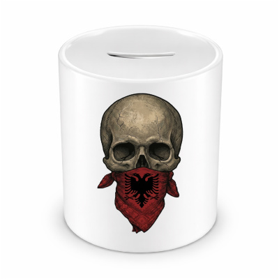 Spardose mit dem Motiv Totenkopf mit Albanien Flagge
