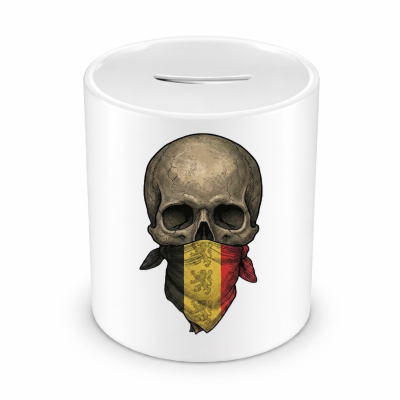 Spardose mit dem Motiv Totenkopf mit Belgien Flagge