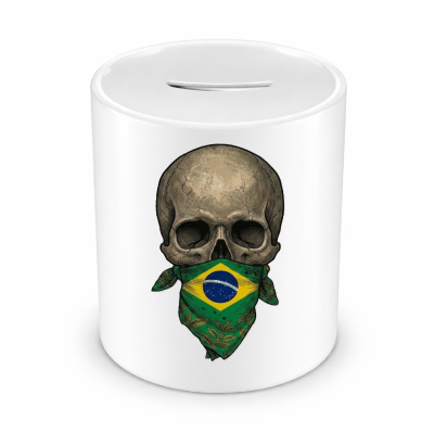 Spardose mit dem Motiv Totenkopf mit Brasilien Flagge