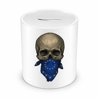 Spardose mit dem Motiv Totenkopf mit Europa Flagge