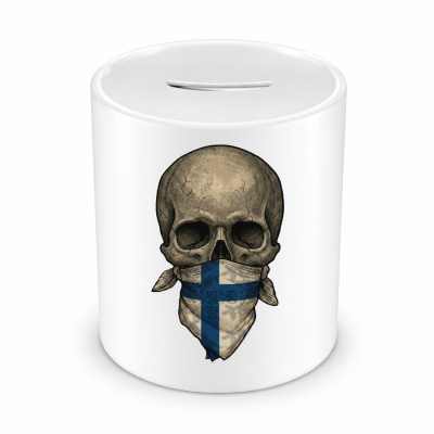 Spardose mit dem Motiv Totenkopf mit Finnland Flagge