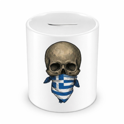 Spardose mit dem Motiv Totenkopf mit Griechenland Flagge