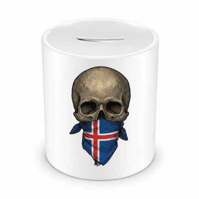 Spardose mit dem Motiv Totenkopf mit Island Flagge
