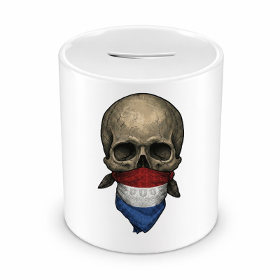 Spardose mit dem Motiv Totenkopf mit Niederlande Flagge