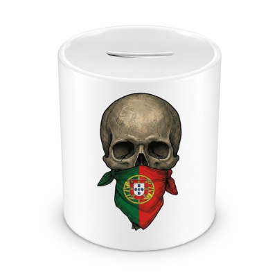 Spardose mit dem Motiv Totenkopf mit Portugal Flagge