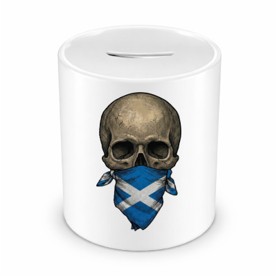 Spardose mit dem Motiv Totenkopf mit Schottland Flagge