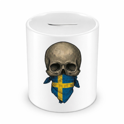 Spardose mit dem Motiv Totenkopf mit Schweden Flagge