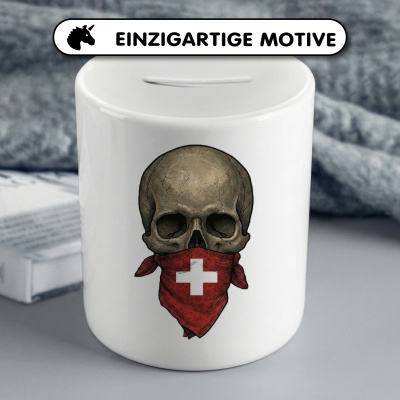 Spardose mit dem Motiv Totenkopf mit Schweiz Flagge - Ansicht 3