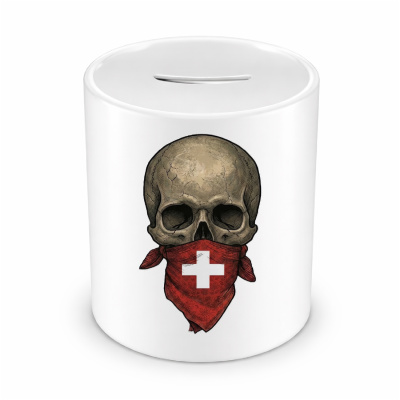 Spardose mit dem Motiv Totenkopf mit Schweiz Flagge