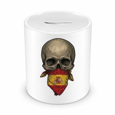 Spardose mit dem Motiv Totenkopf mit Spanien Flagge