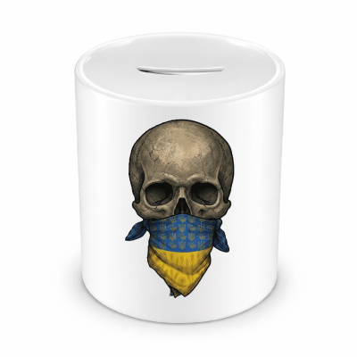 Spardose mit dem Motiv Totenkopf mit Ukraine Flagge