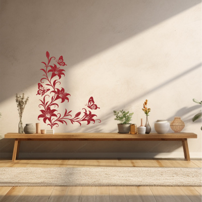 Wandtattoo Lilien Blumenranken Ecke mit Schmetterlingen - Ansicht 2